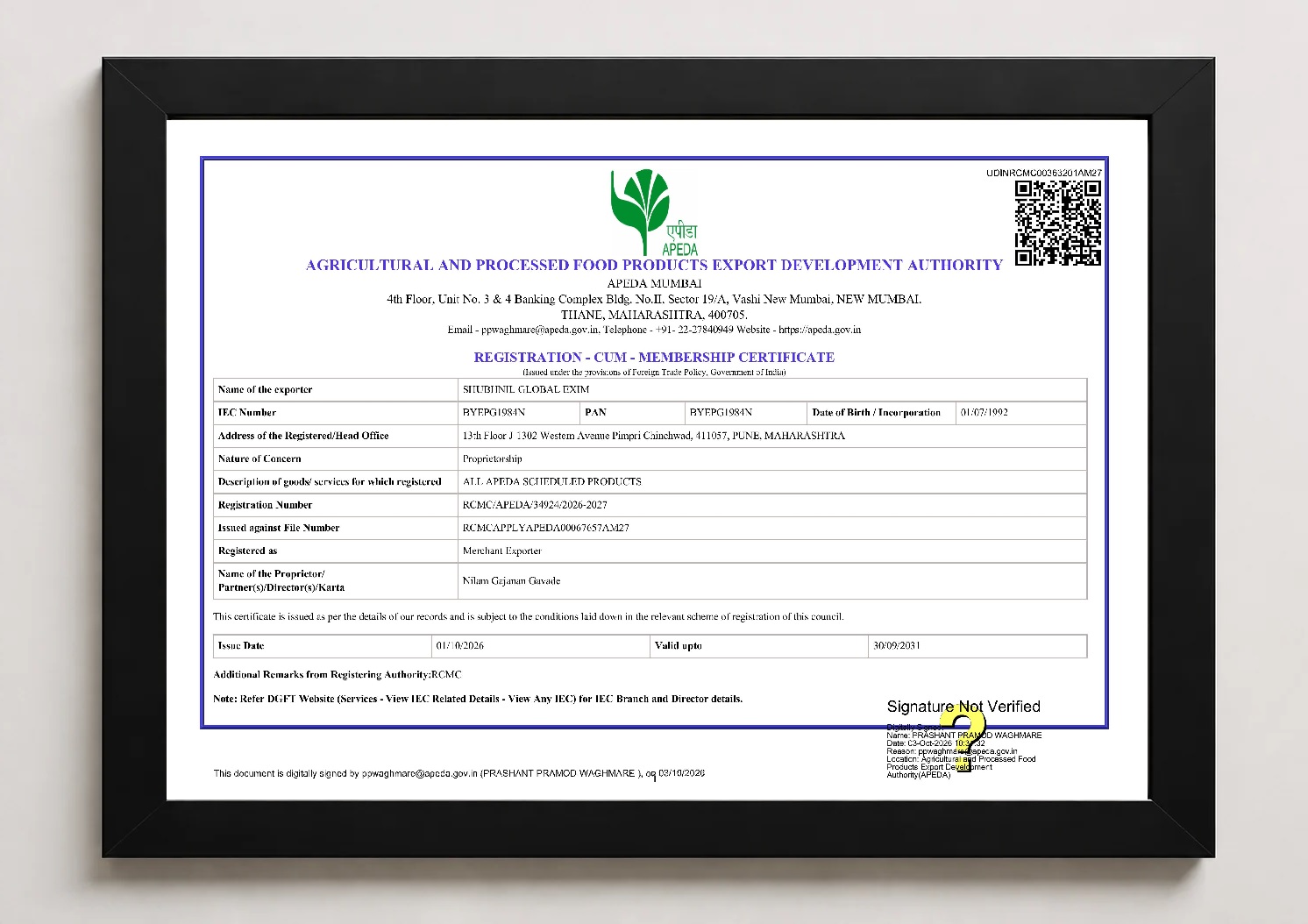 Shubhnil Global Exim certificate 3